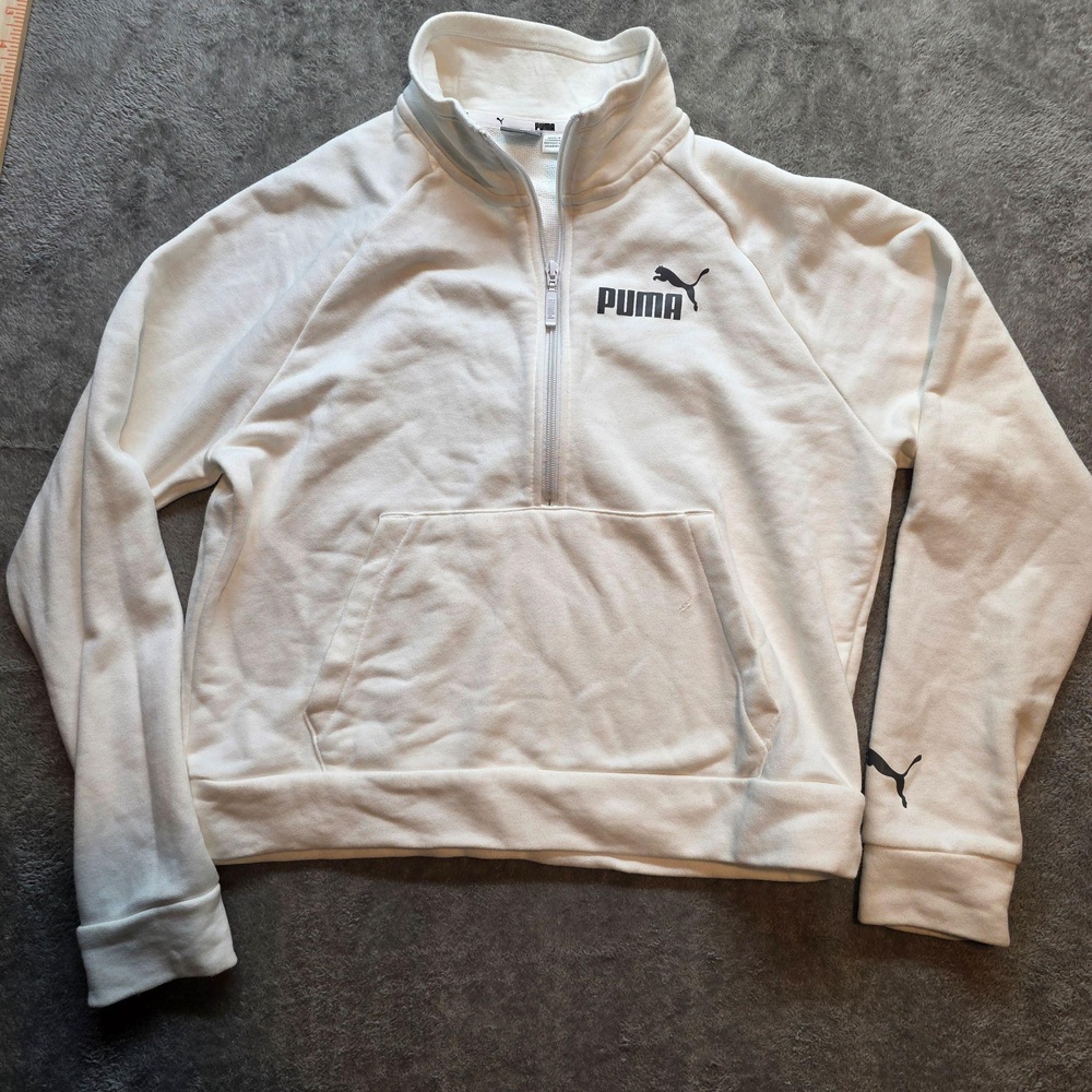 PUMA Sweatshirt Mens M White Fleece 1/4 Zip Mock Neck Kangaroo Pocket Pullover
